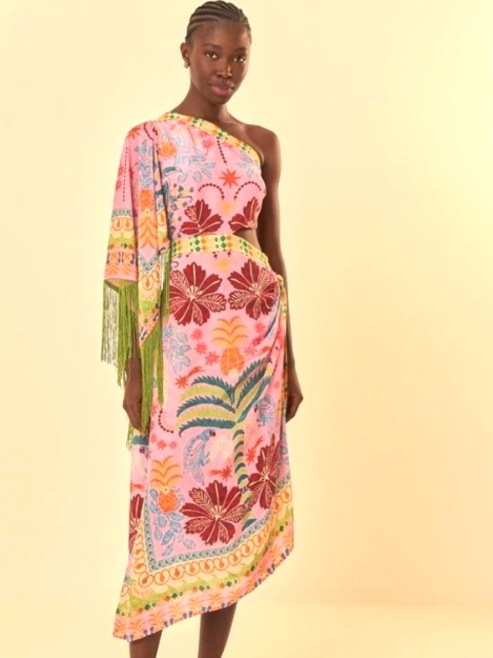 FARM Rio Pink One-Shoulder Floral Midi Dress with Green Fringe Trim
